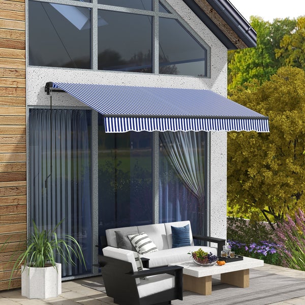 Outsunny Markise, Wandmontage Balkonmarkise mit Handkurbel,3 x 2,5 m, Alu, Blau+Weiß