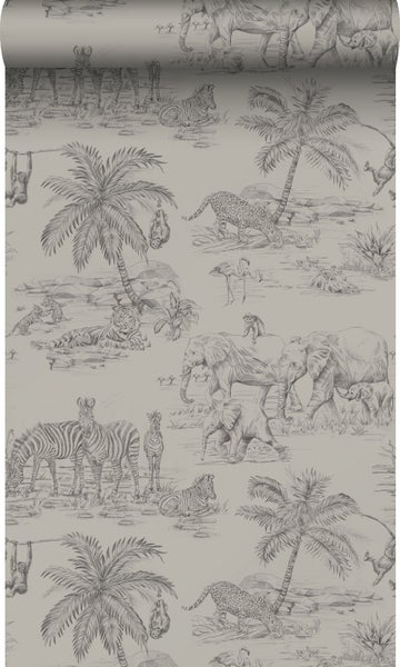 Origin Wallcoverings Tapete Dschungeltiere Kieselgrau - 53 cm x 10.05 m - 347443