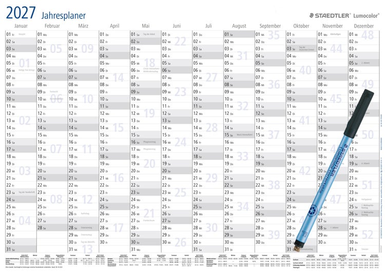 Staedtler Lumocolor Jahresplaner für das Jahr 2027 mit übersichtlicher Kalenderdarstellung inklusive Stift für die Jahresplanung.