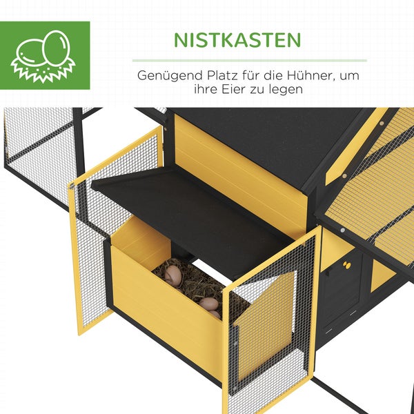 PawHut Hühnerstall aus Holz, Geflügelstall mit Nistkasten, Doppel-Laufstall mit Tablett, Gehege mit Rampe, Hühnerhaus für Hühner, 247 x 125 x 113,5 cm, Gelb