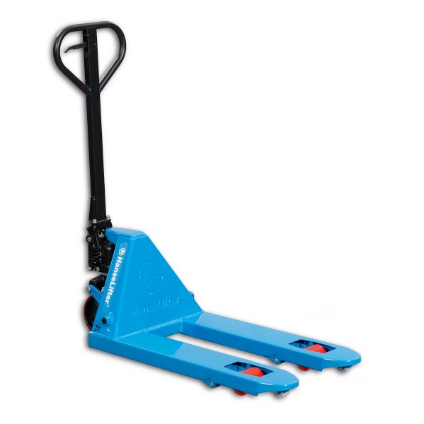 Blauer Gabelhubwagen mit einer Traglast von 2 Tonnen.