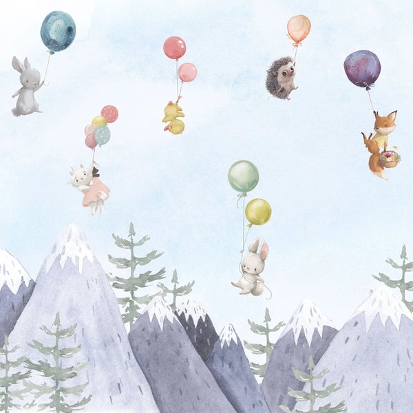 Kindertapete Berge und Tiere Aquarell 400 x 280 cm