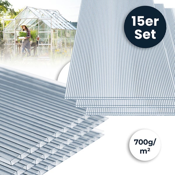 Set mit 15 Polycarbonat Doppelstegplatten für ein helles Gewächshaus, Gewicht 700 Gramm pro Quadratmeter, transparente Hohlkammerplatten.
