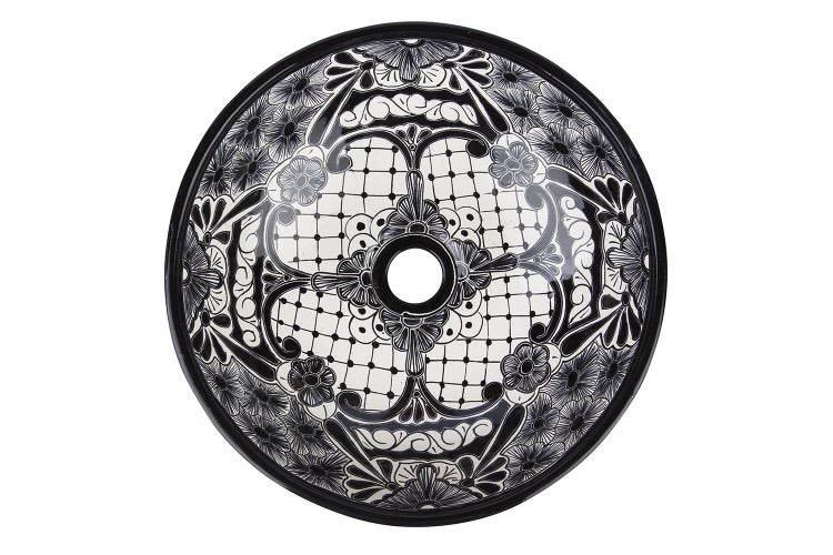 Rundes Aufsatzwaschbecken mit schwarzem Blumenmuster