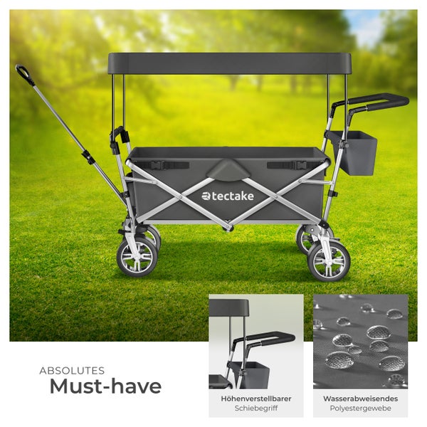 Bollerwagen tectake Nico inklusive Tragetasche, Belastbarkeit 80 kg faltbar, mit Dach grau