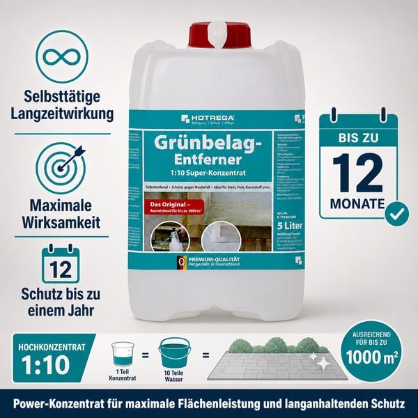 Hotrega Gruenbelag Entferner 5 Liter Kanister Konzentrat fuer Stein Holz und Kunststoff Flaechen mit Langzeitschutz bis zu 12 Monate