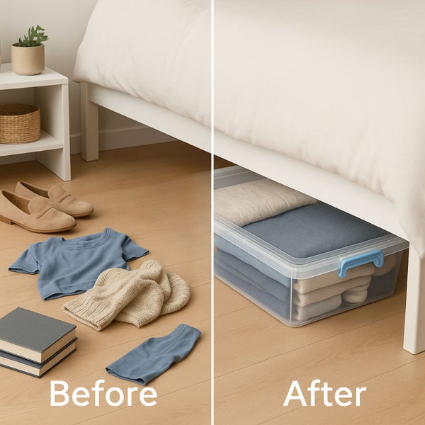 Vorher und Nachher: Kleidung und Bücher vor und nach der Aufbewahrung in einer Kunststoffbox unter dem Bett.