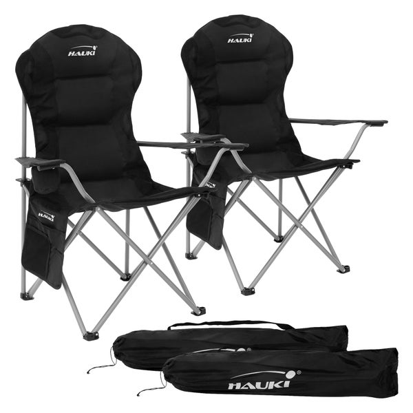 Hauki Campingstuhl 2er Set faltbar, Schwarz, Angelstuhl mit Getränkehalter, Tragetasche, Gartenstuhl klappbar, bis 150kg, Übergroßer Klappstuhl mit Hochlehner, Gepolster Faltstuhl, Anglerstuhl tragbar