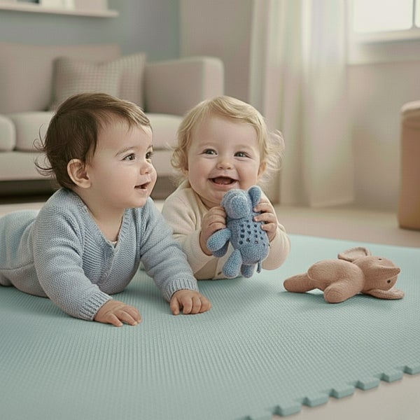 Zwei Babys spielen mit Stofftieren auf einer strukturierten Schaumstoff-Puzzlematte in einem hellen Wohnzimmer.