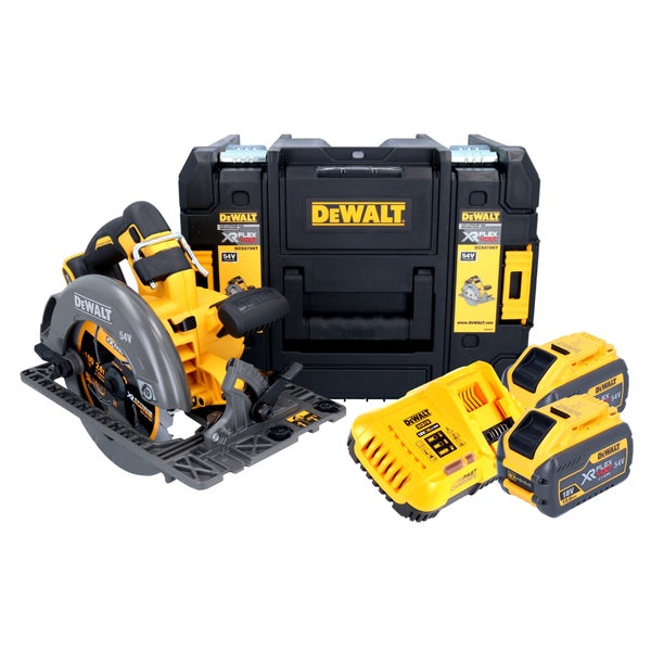 DeWalt Akku-Handkreissäge-Set inklusive zwei Akkus, Ladegerät und Transportkoffer.