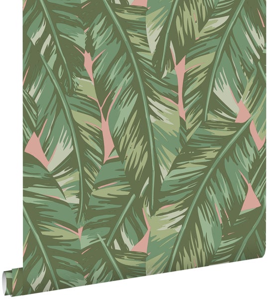 ESTAhome Tapete Bananenblätter Olivgrün und Pfirsichrosa - 53 cm x 10.05 m - 139015