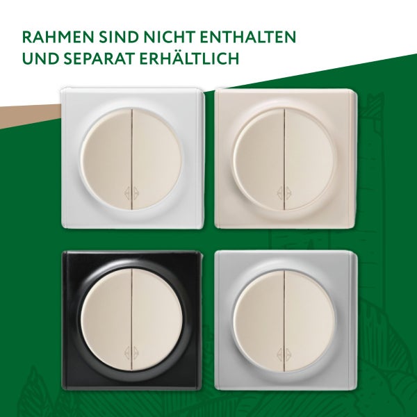 Vier quadratische Jalousieschalter-Einsätze mit runder Wippe, Rahmen nicht enthalten und separat erhältlich.