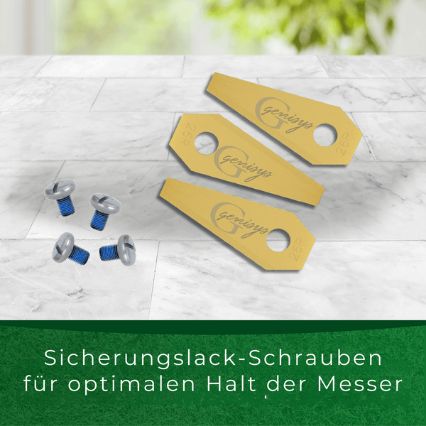 Drei Rasenmähermesser und vier Schrauben zur Befestigung der Messer.
