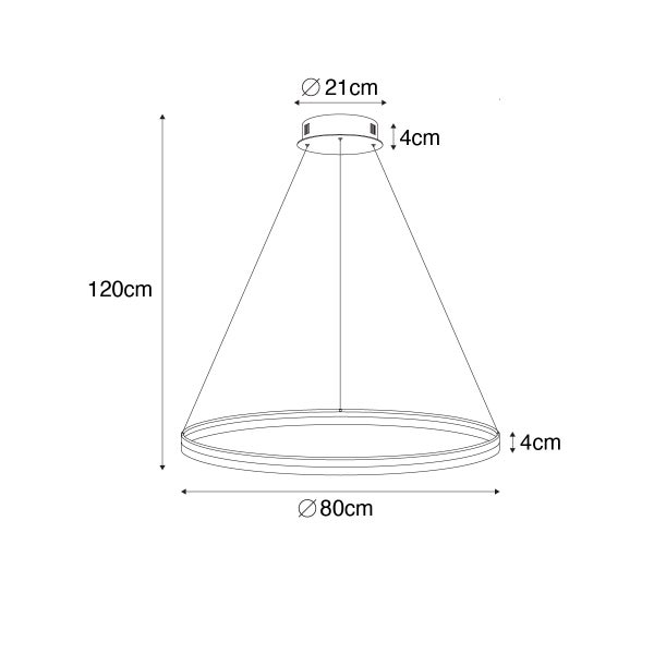 Technische Zeichnung einer Hängeleuchte mit den Maßen: Durchmesser 21 Zentimeter oben, Durchmesser 80 Zentimeter unten, Höhe 120 Zentimeter.