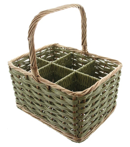FRANK FLECHTWAREN | Flaschenkorb Washed Green, für 6 Flaschen, WEIDE, 36 x 27 x 21 cm, GH 40 cm, ohne Inhalt