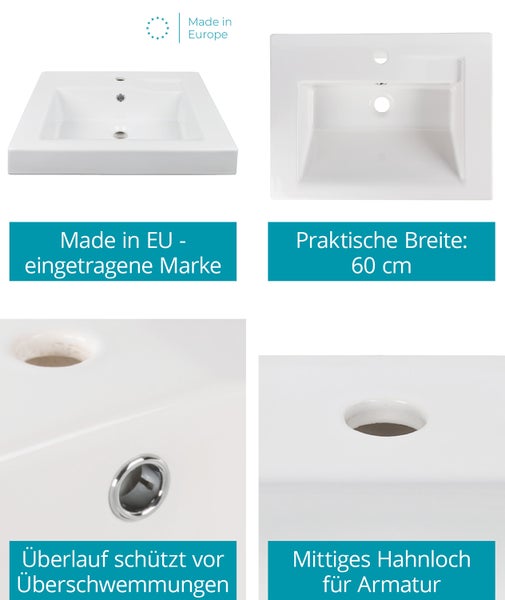 Calmwaters® Waschbecken Modern Square eckig in Weiß, aus hochwertiger Sanitär-Keramik mit Hahnloch und Überlauf zur Wandmontage, Hänge-Waschtisch mit Ablage, 60 x 45 cm groß, 05BC2364