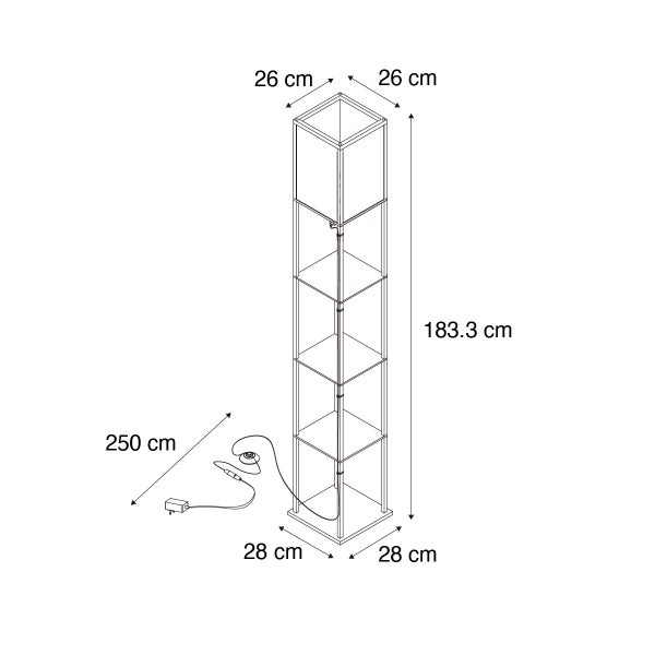 Technische Zeichnung einer Stehleuchte mit den Maßen 183,3 cm Höhe, 26 cm Tiefe und 28 cm Breite