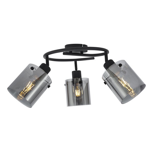 Deckenleuchte mit drei Lampen und rauchfarbenen Glasschirmen