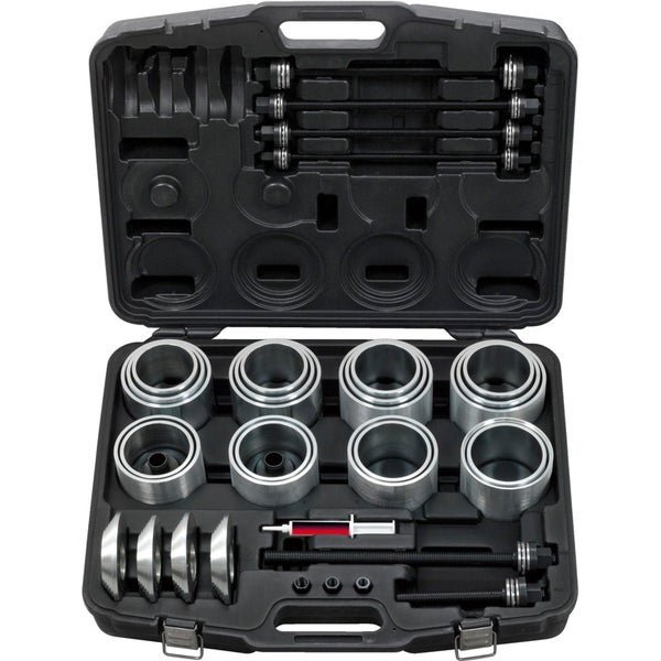 Werkzeugsatz zum Aus- und Einpressen von Lagern in einem schwarzen Werkzeugkoffer