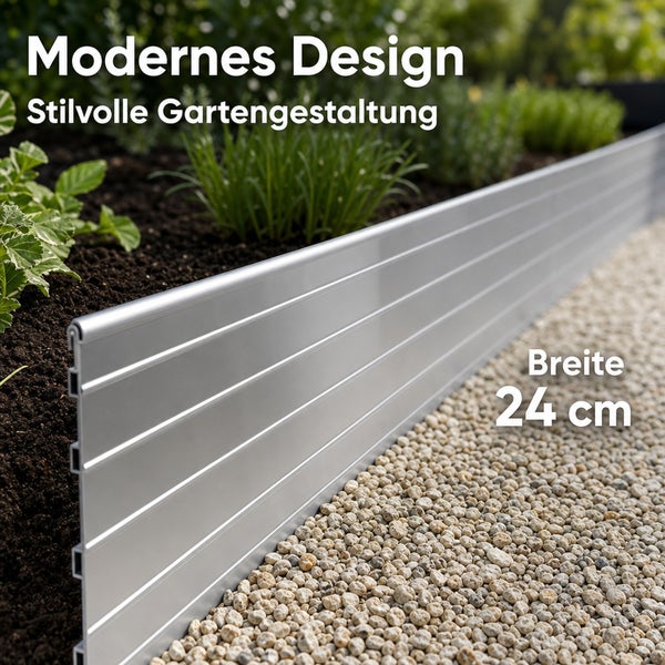 Metall Rasenkante in moderner Optik mit einer Breite von 24 Zentimetern zur strukturierten Gartengestaltung und Beeteinfassung.