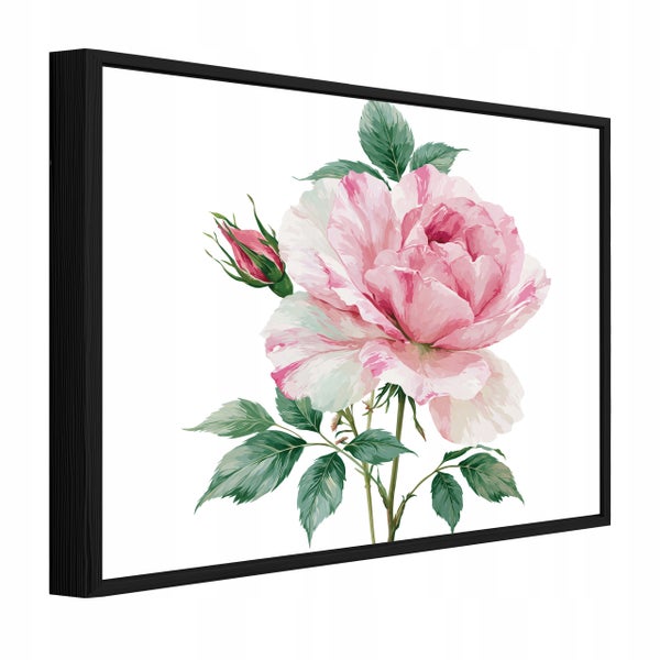 Wandbild mit Motiv einer rosa Rose in einem gerahmten Keilrahmen mit tiefem schwarzem Holzrahmen