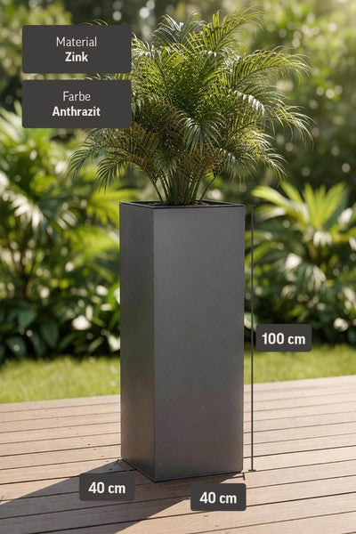 Hoher rechteckiger Pflanzkübel aus Zink in Anthrazit, Maße 40 mal 40 mal 100 Zentimeter, bepflanzt auf einer Holzterrasse.