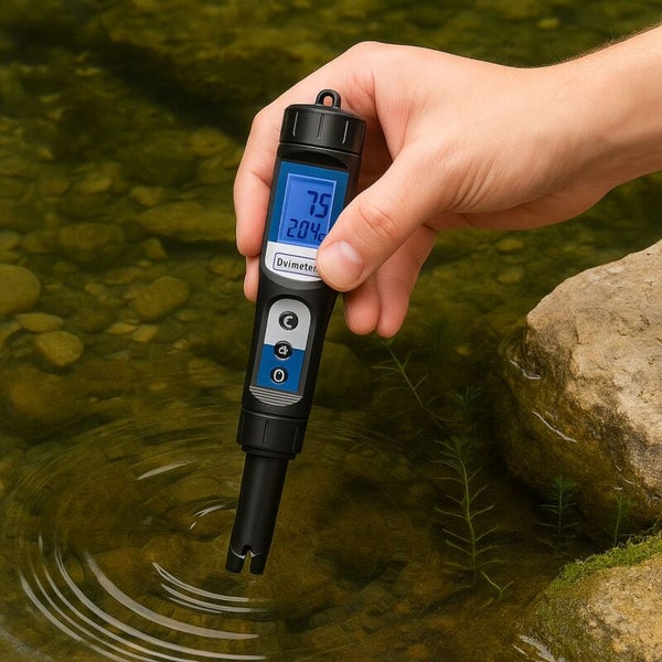 Eine Hand hält ein digitales Messgerät zur Wasseranalyse in einen Teich.