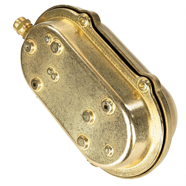 Goldfarbenes, längliches Gehäuse mit mehreren Schrauben und einem Anschlussstück.