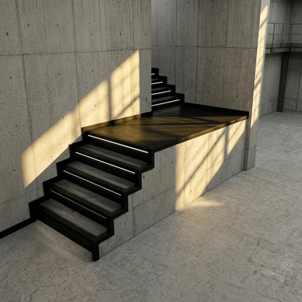 Moderne Treppe in einem hellen Industrieraum mit Sichtbetonwänden, dunklen Holzstufen mit LED-Beleuchtung und schwarzem Metallrahmen.