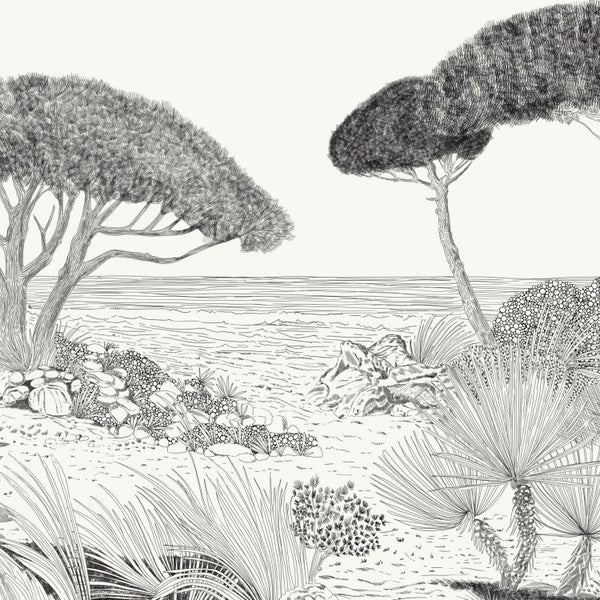 Illustration einer Küstenlandschaft mit Bäumen und Meer