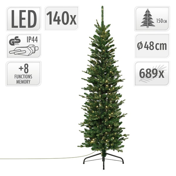 Schmaler künstlicher Weihnachtsbaum mit 140 LED Leuchten, 150 Zentimeter hoch, 48 Zentimeter Durchmesser und 89 Zweigspitzen, inklusive GS Zeichen.