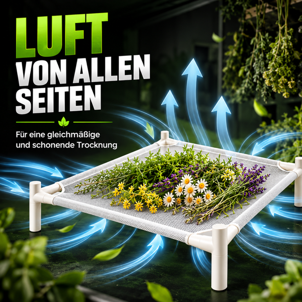 Trockenrahmen für Kräuter und Blüten mit Netzgewebe für eine gleichmäßige Luftzirkulation zur schonenden Trocknung.