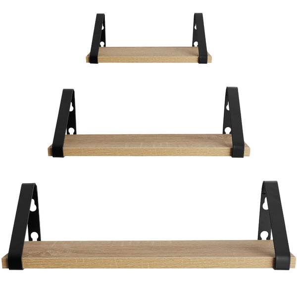 3er Set Wandregal tectake Cowell Höhe 12 cm Industrial Style Industrial Holz hell, Eiche Sonoma