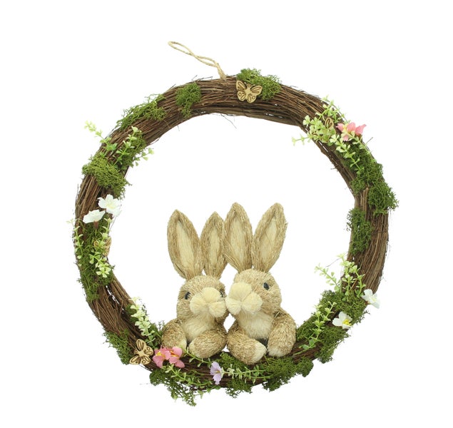 FRANK FLECHTWAREN|Kranz Hasenpärchen, Ø 40 x 11 cm, ULME, STROH, KUNSTSTOFF, MOOS