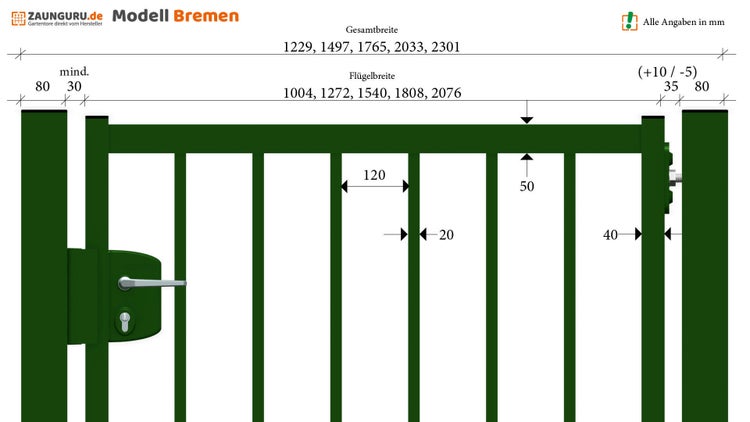 Technische Zeichnung Gartentor Modell Bremen mit Breitenangaben