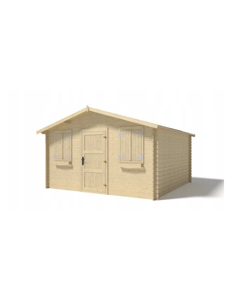 Gartenhaus aus Holz mit einer Tür, zwei Fenstern mit Fensterläden und einem Satteldach in Blockbohlenbauweise.