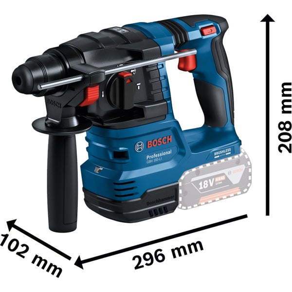 Bosch GBH 185-LI Akku Bohrhammer mit den Maßen 102 mm x 296 mm x 208 mm