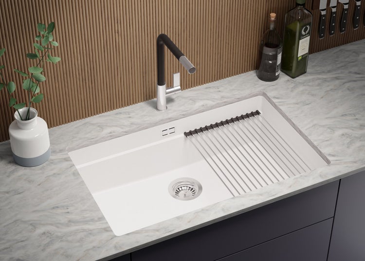 PRIMAGRAN Unterbauspüle Granit Weiß 76x47cm, Spülbecken 1 Becken + Ablauf-Set + Aufrollbare Abtropffläche, Granitspüle ab 80er Unterschrank - Praga