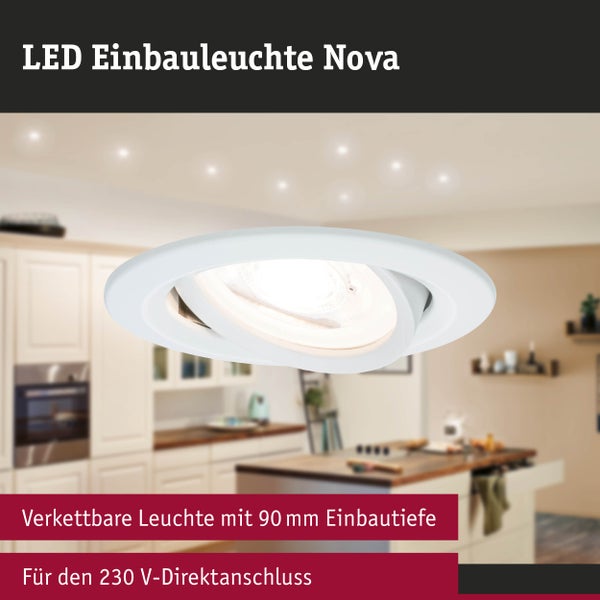 LED-Einbauleuchte Nova, verkettbar, 90 Millimeter Einbautiefe, für 230 Volt Direktanschluss, montiert in einer hellen Küche.