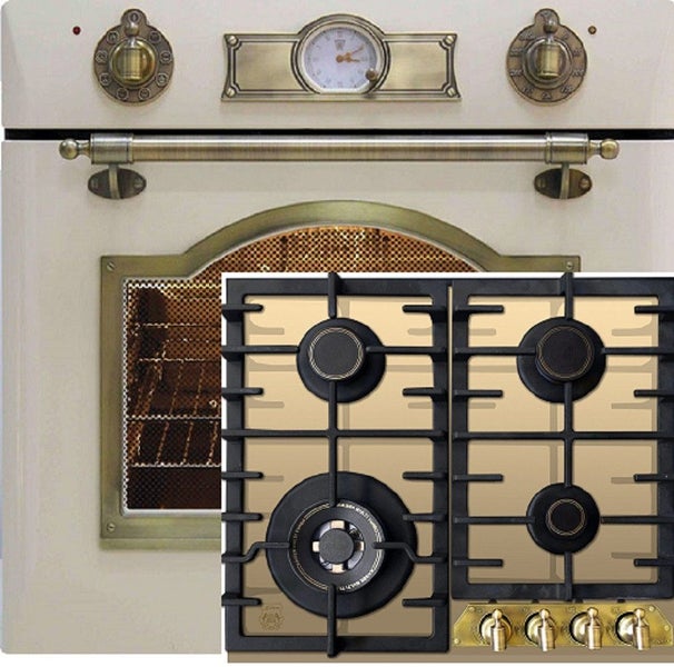 Einbau-Backofen mit integriertem Gaskochfeld im Retro-Design mit Metallbeschlägen.