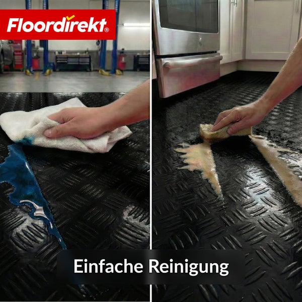 Illustration der einfachen Reinigung eines Bodenbelags mit Riffelblechstruktur