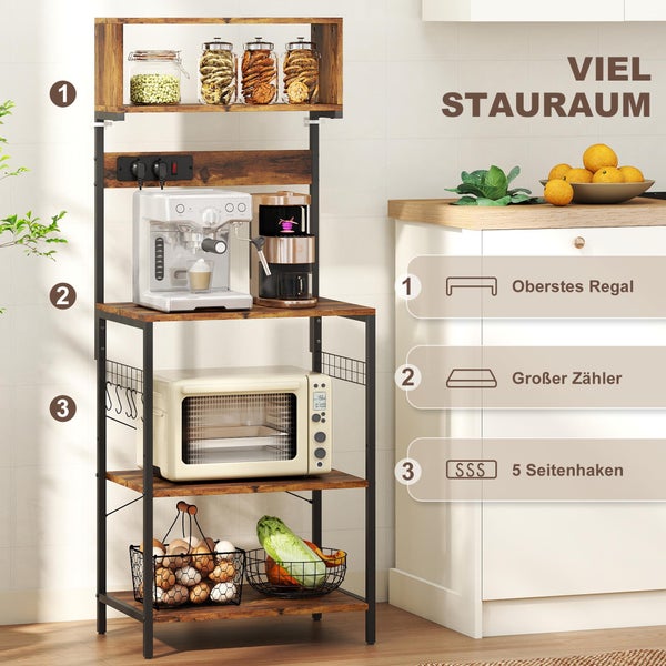 Küchenregal aus Metall und Holzoptik mit mehreren Ebenen, Arbeitsfläche für Küchengeräte, Mikrowellenfach und fünf seitlichen Haken.