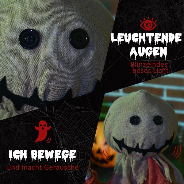 Halloween-Dekoration mit Stoffpuppe, die leuchtende Augen hat, sich bewegt und Geräusche macht.