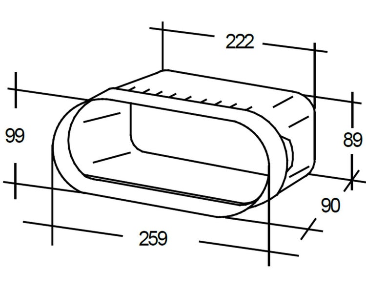 Technische Zeichnung eines Flachkanals mit Bemaßung in Millimetern für die Lüftungsinstallation.