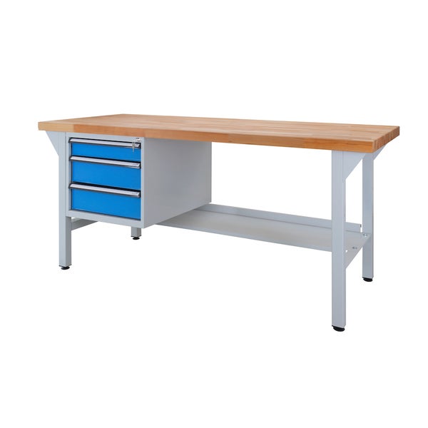 PROREGAL Werkbank Rhino Plus mit 3 Schubladen HxBxT 84 x 150 x 70 cm Traglast 500 kg Lichtgrau Blau