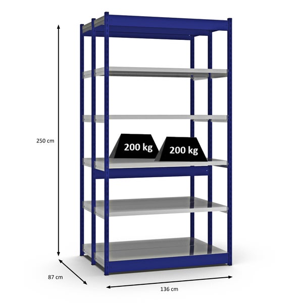 PROREGAL Fachbodenregal Stecksystem Vierkant-Profil Grundregal HxBxT 250 x 132,5 x 40 cm 2x6 Ebenen Doppelseitige Bauart Fachlast 200 kg Enzianblau