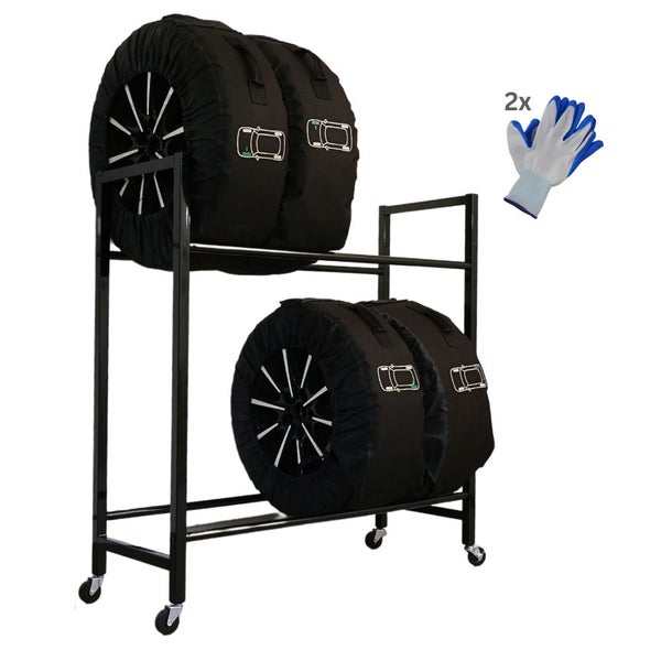 Reifenregal mit vier Reifen in Reifentaschen und einer Frau