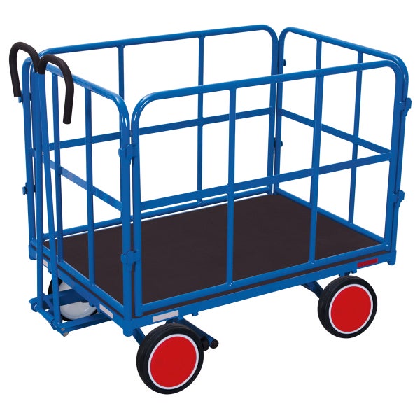 Blauer Gitterwagen mit schwarzer Ladefläche und roten Rädern