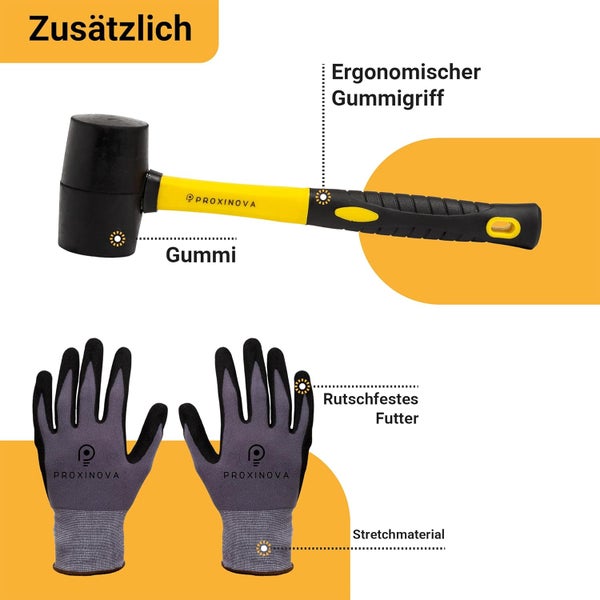 Proxinova Fliesen-Nivelliersystem 2mm, 400-Teile-Kit: 300 Fliesenausgleichsclips, 100 Keile | Fliesennivellierzange, Gummihammer, Arbeitshandschuhe