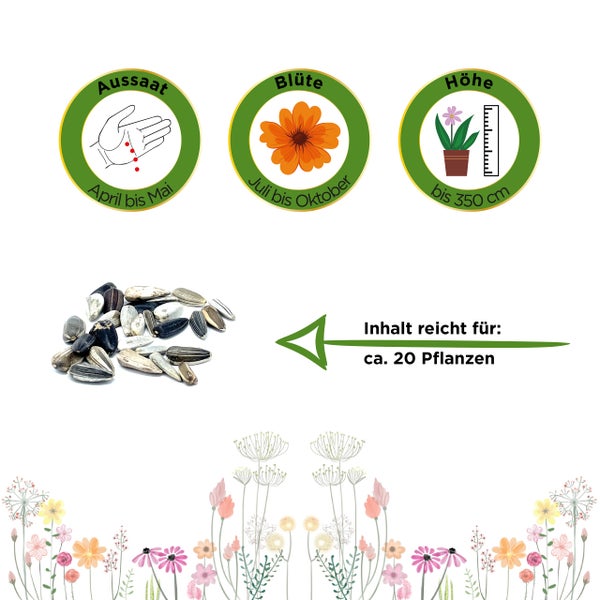Aussaat von April bis Mai, Blüte von Juli bis Oktober, Höhe bis zu 350 Zentimeter, Inhalt ausreichend für circa 20 Pflanzen.